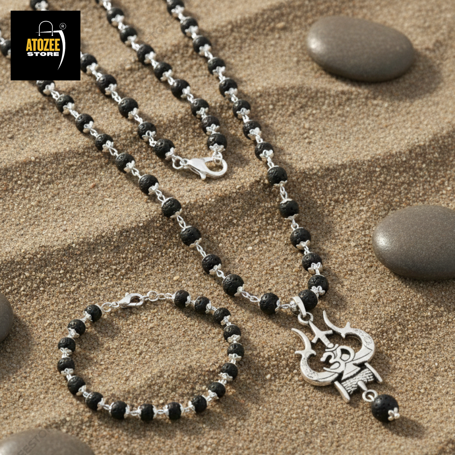 Silver Cap Karungali Mala With Om Trishul Pendant & Bracelet Combo