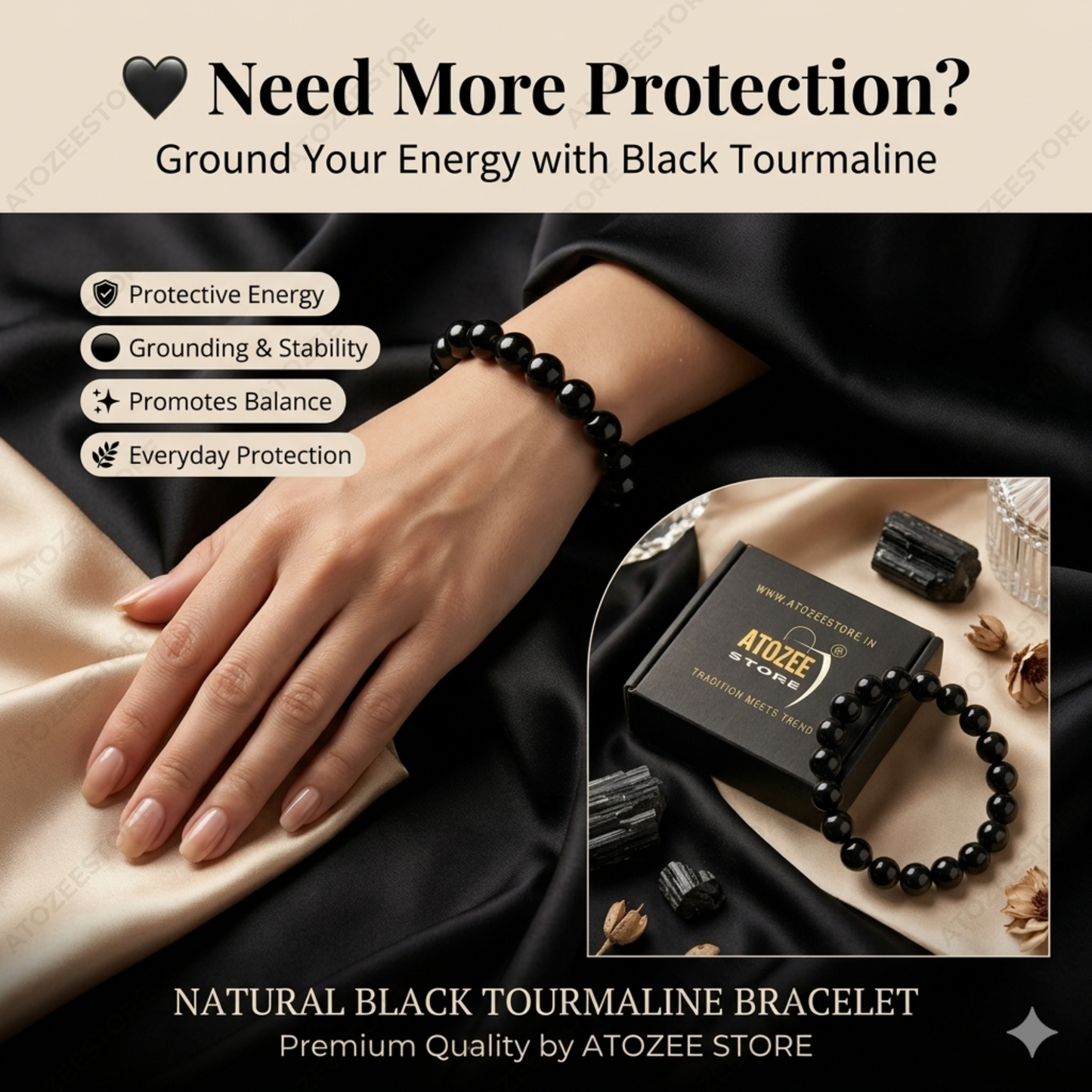 Black Tourmaline Bracelet | Powerful Healing Crystal Bracelet | Unisex for Men & Women | Certificate of Authenticity