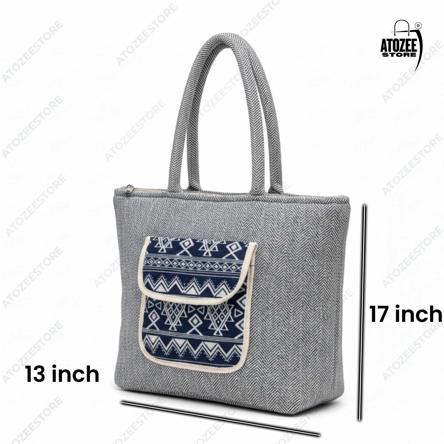 Women's Himalayan Hemp Grey & Blue Tote Bag with Front Pocket – Boho Shoulder Bag