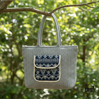 Women's Himalayan Hemp Grey & Blue Tote Bag with Front Pocket – Boho Shoulder Bag