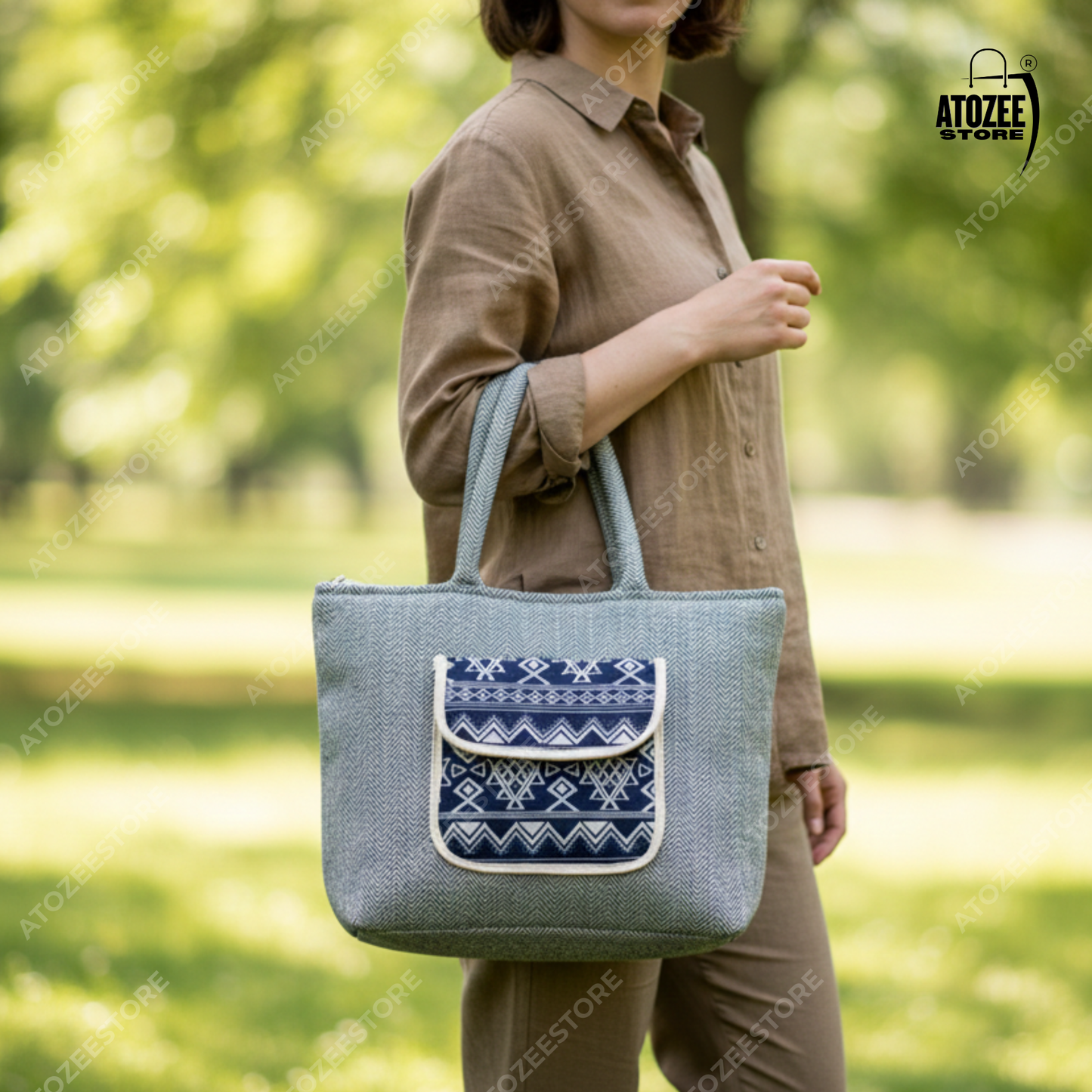 Women's Himalayan Hemp Grey & Blue Tote Bag with Front Pocket – Boho Shoulder Bag