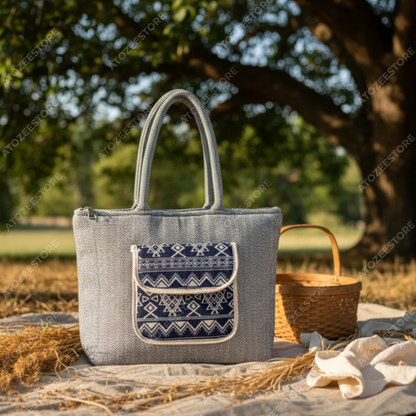 Women's Himalayan Hemp Grey & Blue Tote Bag with Front Pocket – Boho Shoulder Bag