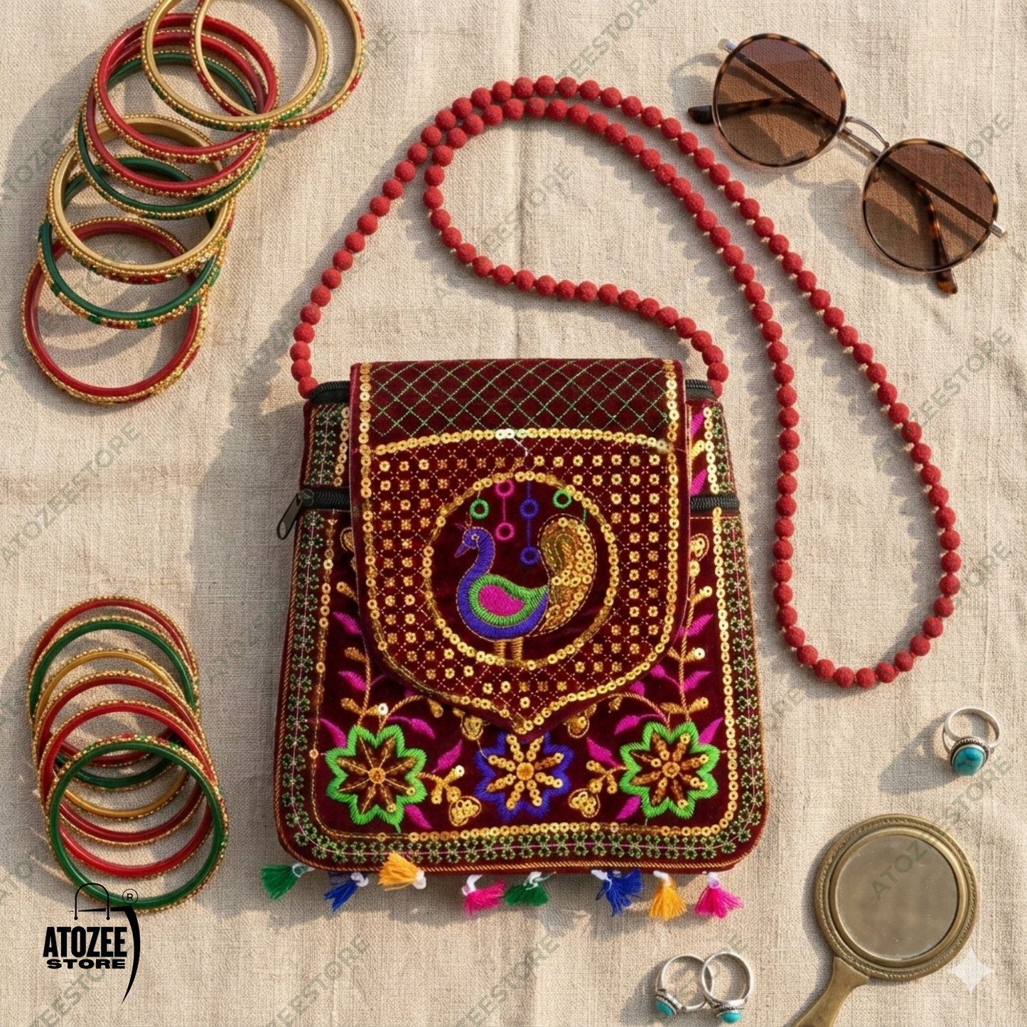 Women's Handicrafts Cotton Embroidered Multicolour Rajasthani Sling Bag | Mirror Work & Vibrant Tassels