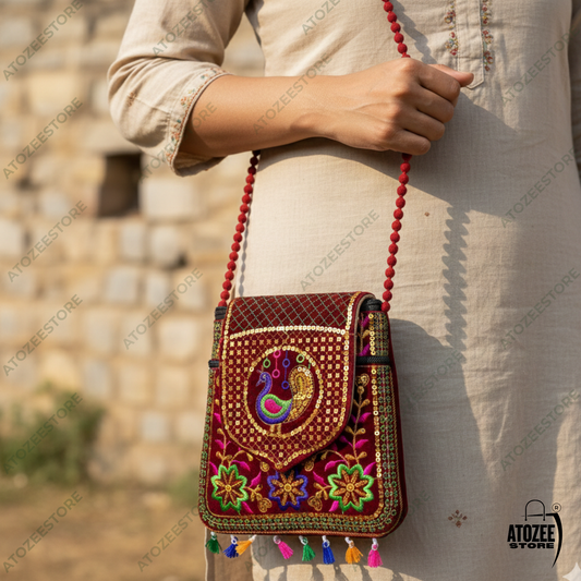Brown Handicrafts Cotton Embroidered Multicolour Rajasthani Womens Sling Bag