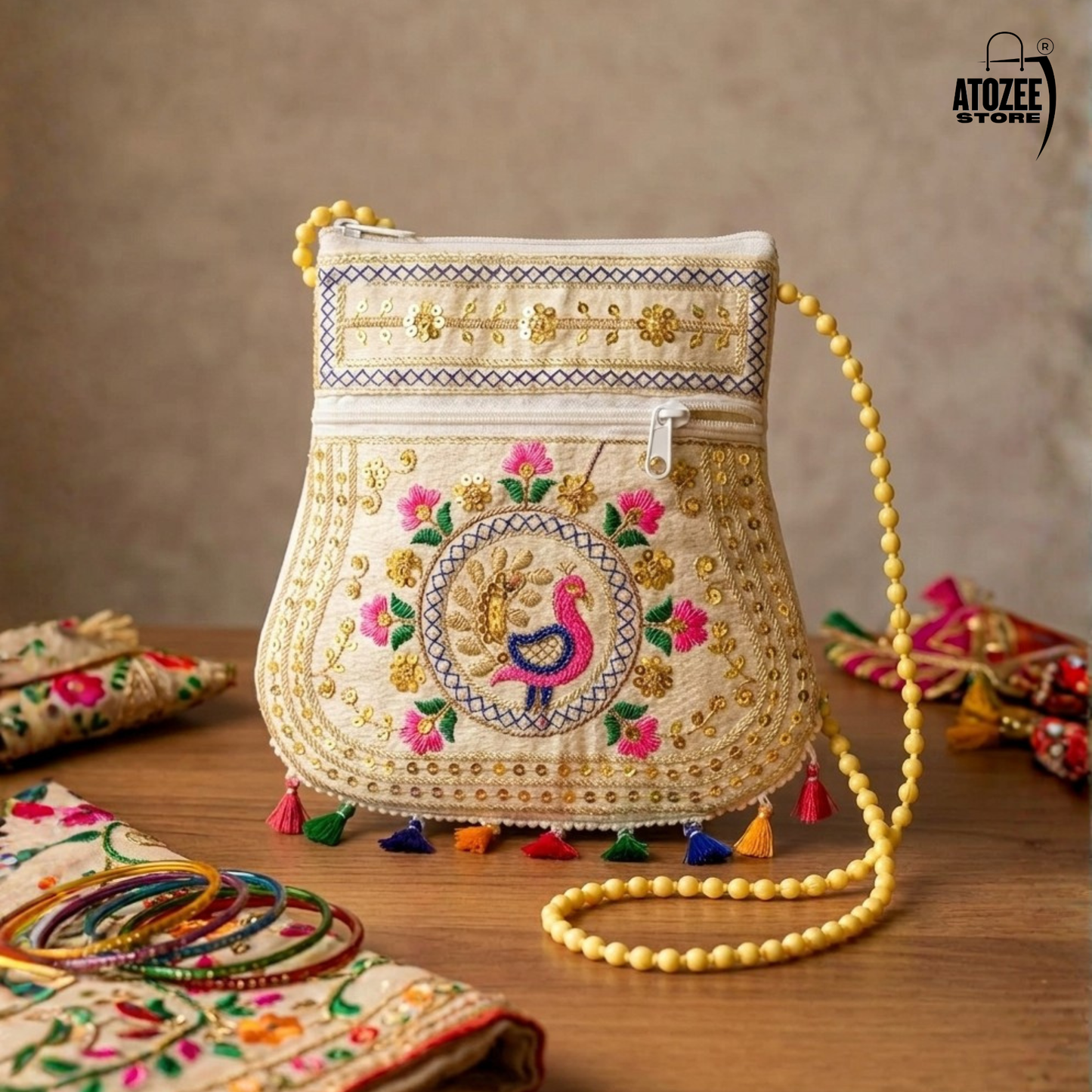 Cream Peacock Handicrafts Cotton Embroidered Sling Bag – Mirror Work & Vibrant Tassels