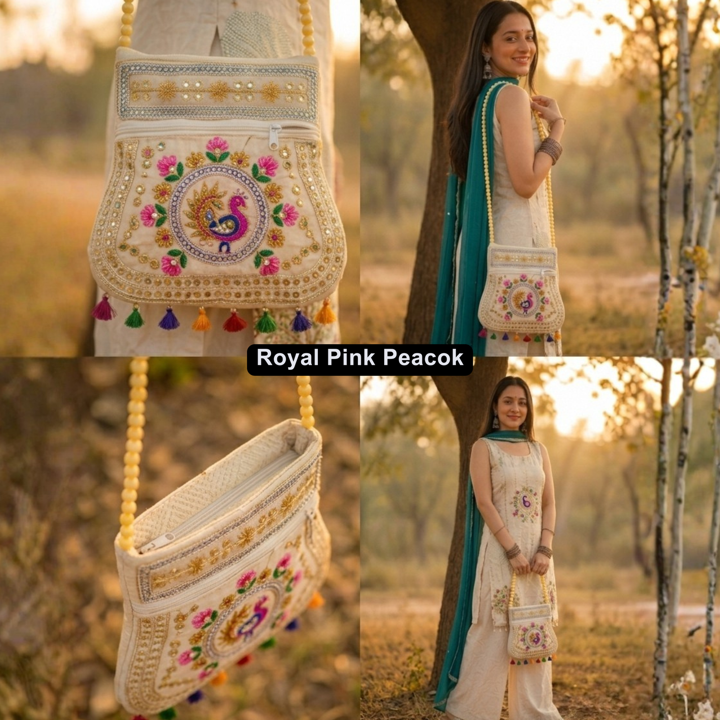 Cream Peacock Handicrafts Cotton Embroidered Sling Bag – Mirror Work & Vibrant Tassels