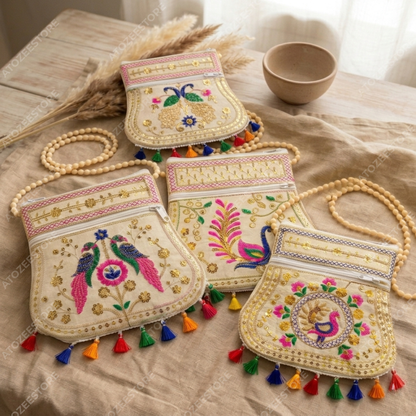 Cream Peacock Handicrafts Cotton Embroidered Sling Bag – Mirror Work & Vibrant Tassels