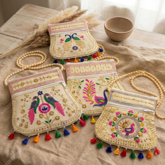 Cream Peacock Handicrafts Cotton Embroidered Sling Bag – Mirror Work & Vibrant Tassels