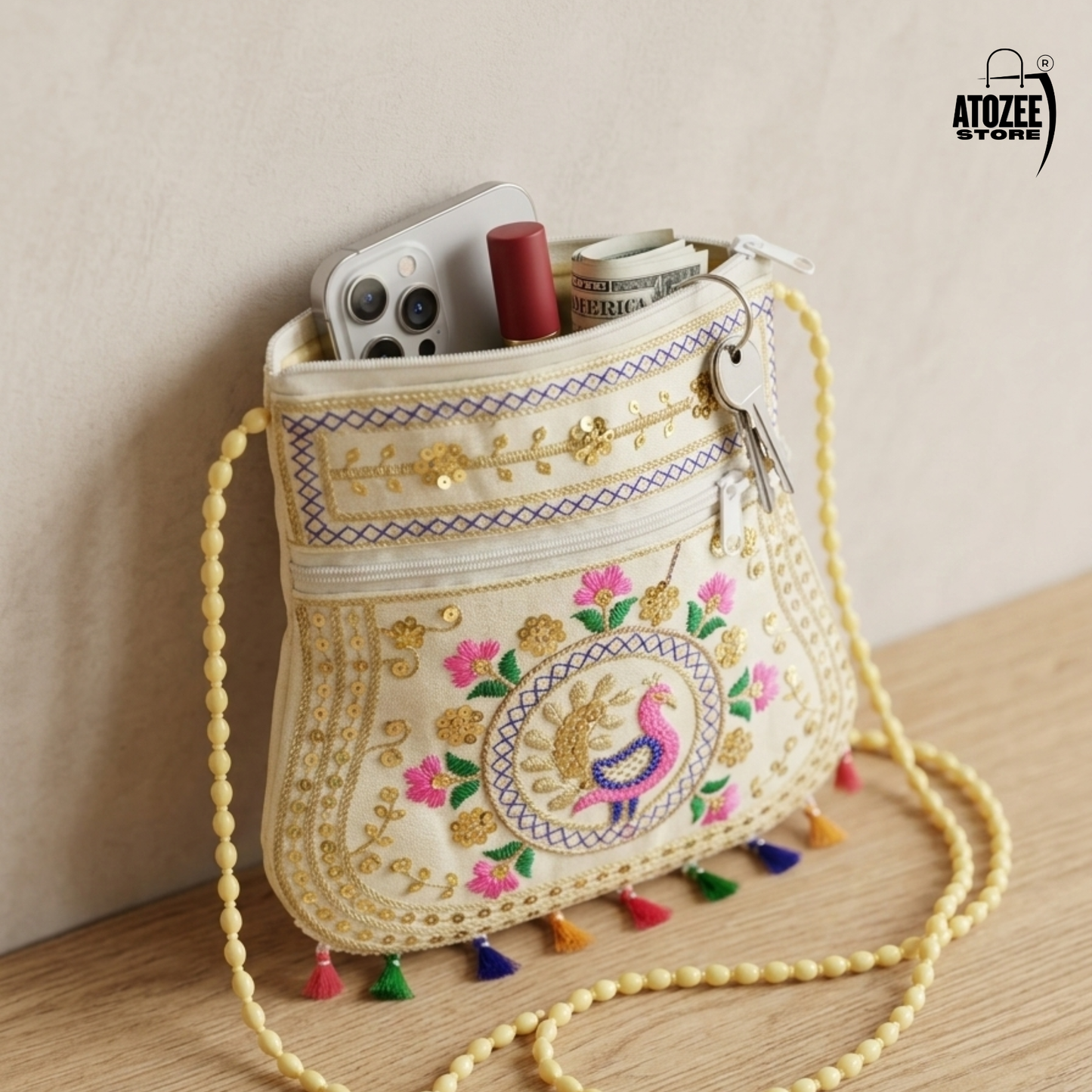 Cream Peacock Handicrafts Cotton Embroidered Sling Bag – Mirror Work & Vibrant Tassels