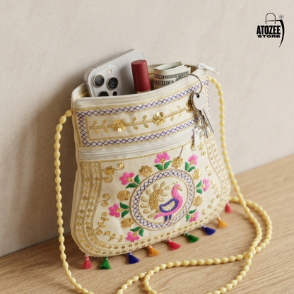 Cream Peacock Handicrafts Cotton Embroidered Sling Bag – Mirror Work & Vibrant Tassels