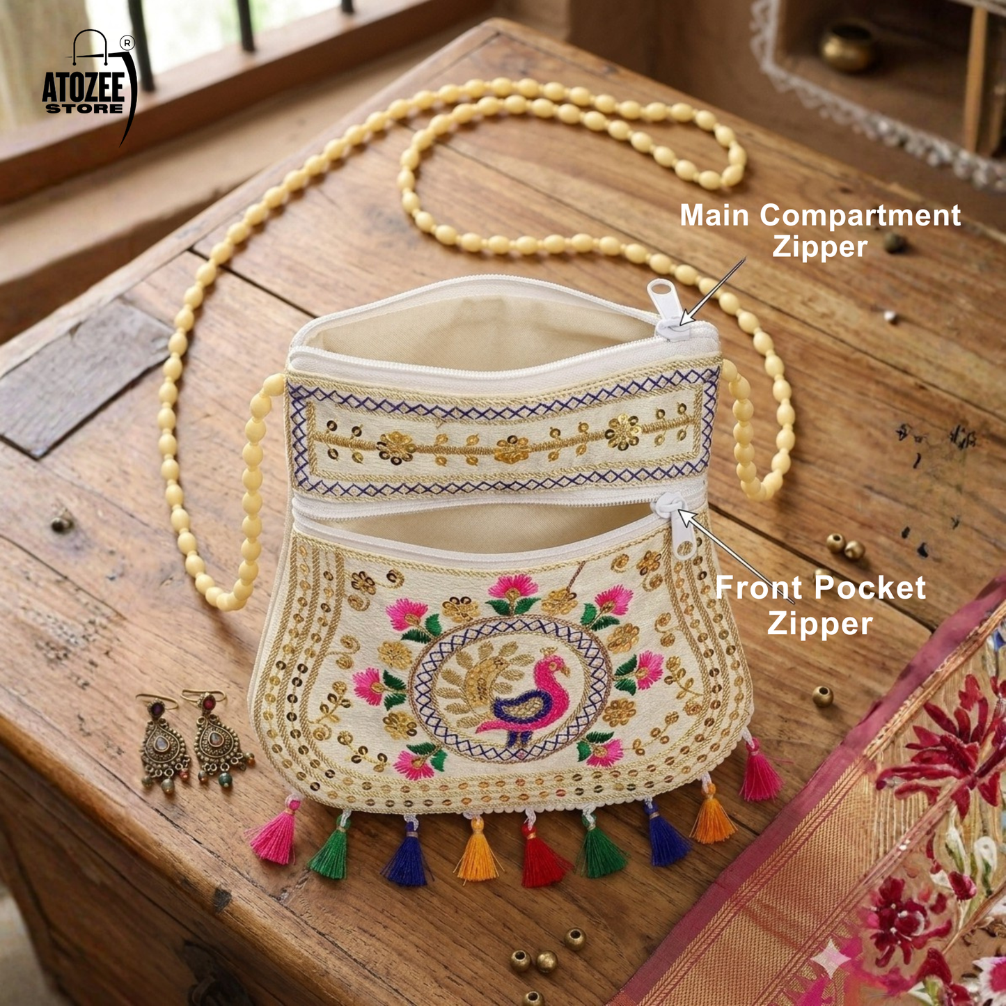 Cream Peacock Handicrafts Cotton Embroidered Sling Bag – Mirror Work & Vibrant Tassels