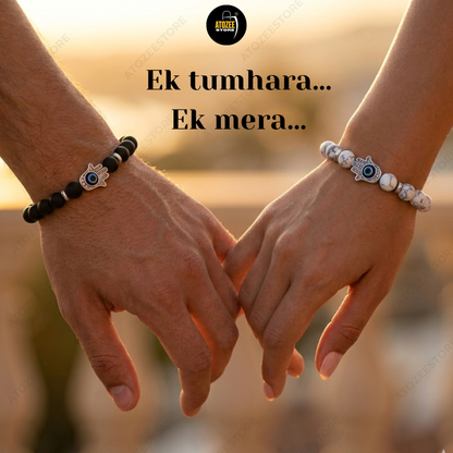 Evil Eye Hamsa Hand Couple Bracelet Set – Black Onyx & White Marble Beads | Love, Protection & Friendship Gift