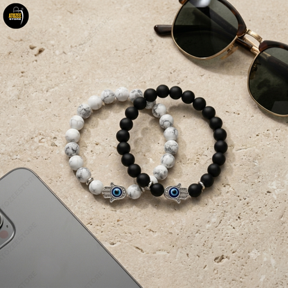 Evil Eye Hamsa Hand Couple Bracelet Set – Black Onyx & White Marble Beads | Love, Protection & Friendship Gift