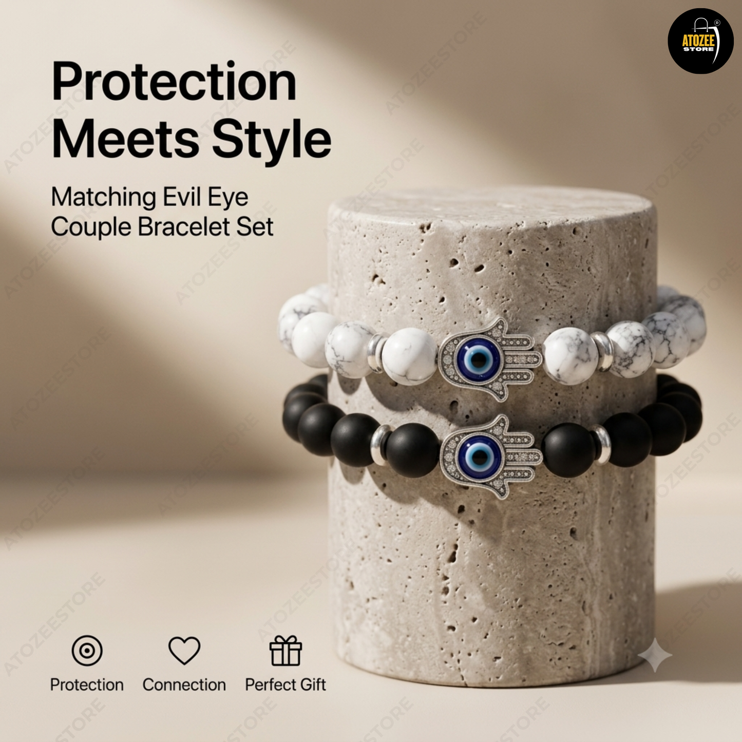 Evil Eye Hamsa Hand Couple Bracelet Set – Black Onyx & White Marble Beads | Love, Protection & Friendship Gift