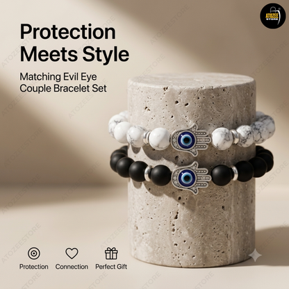 Evil Eye Hamsa Hand Couple Bracelet Set – Black Onyx & White Marble Beads | Love, Protection & Friendship Gift