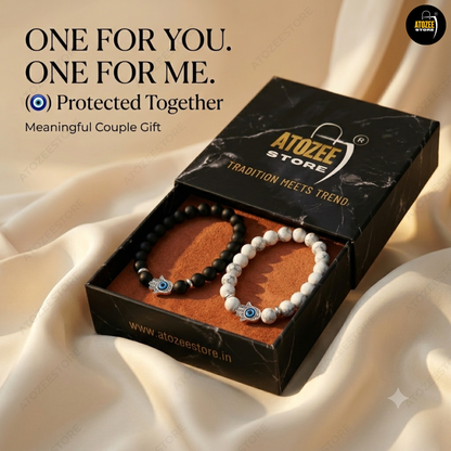 Evil Eye Hamsa Hand Couple Bracelet Set – Black Onyx & White Marble Beads | Love, Protection & Friendship Gift