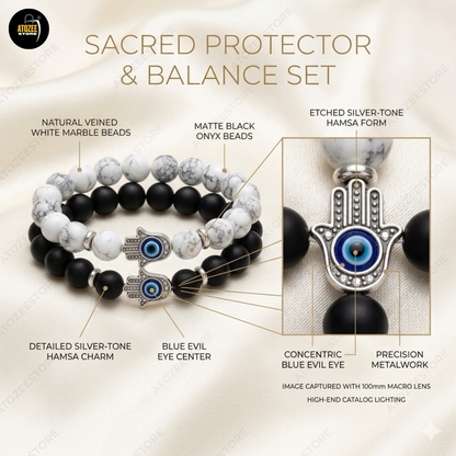 Evil Eye Hamsa Hand Couple Bracelet Set – Black Onyx & White Marble Beads | Love, Protection & Friendship Gift