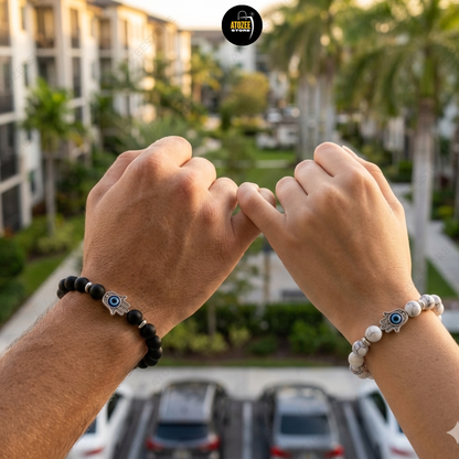 Evil Eye Hamsa Hand Couple Bracelet Set – Black Onyx & White Marble Beads | Love, Protection & Friendship Gift