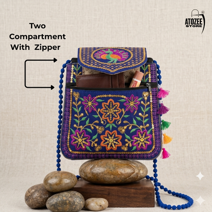 Women's Blue Handicrafts Cotton Embroidered Multicolour Rajasthani Sling Bag