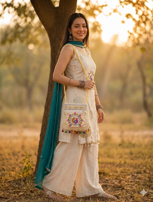 Cream Peacock Handicrafts Cotton Embroidered Sling Bag – Mirror Work & Vibrant Tassels