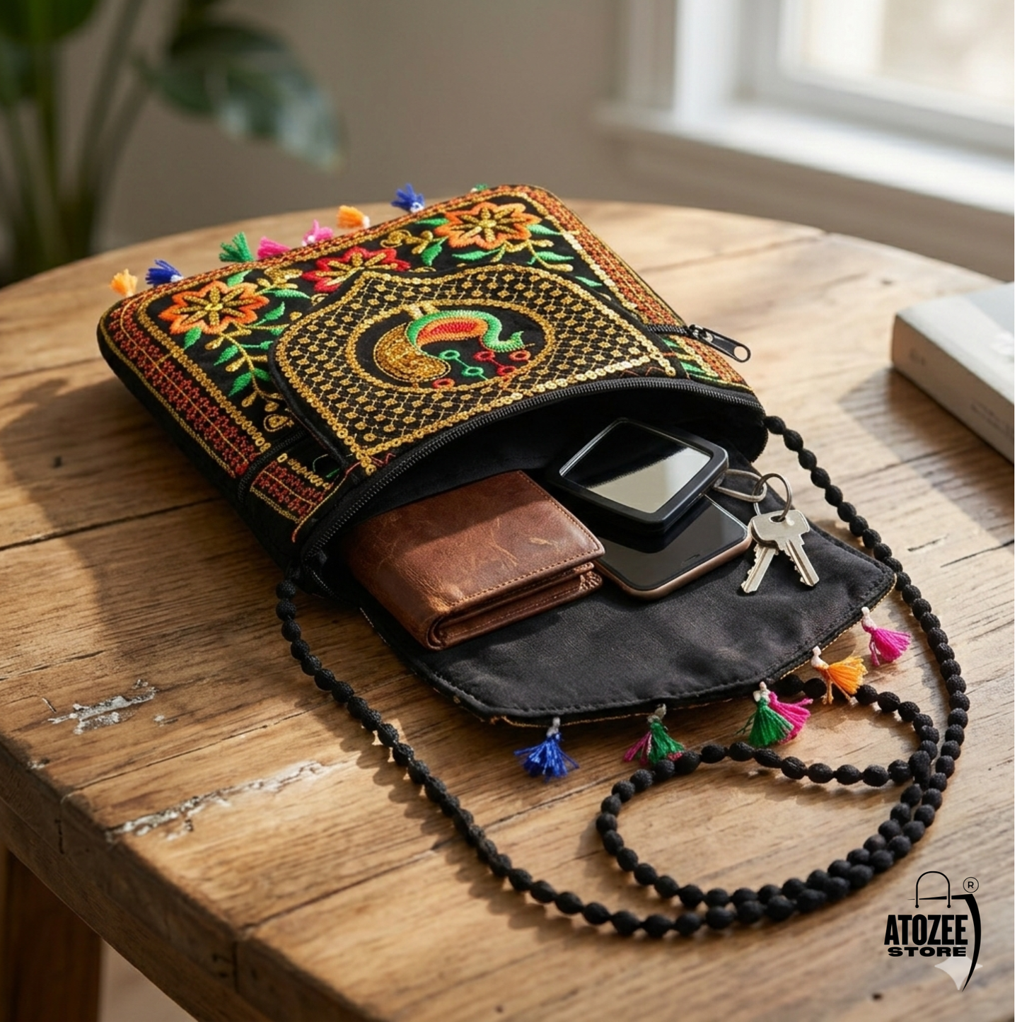Women's Handicrafts Cotton Embroidered Multicolour Rajasthani Sling Bag | Mirror Work & Vibrant Tassels