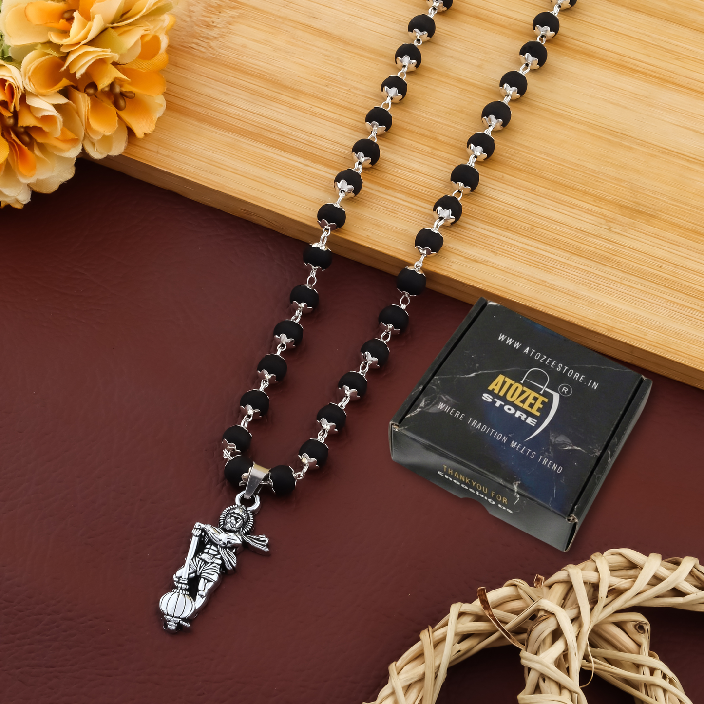 Silver Plated Hanuman Pendant Karungali Mala – 54 Beads | Long Length Spiritual Necklace for Men