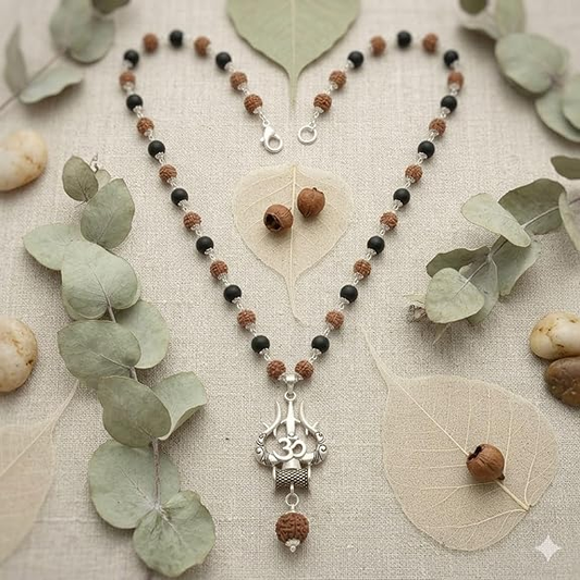 Karungali Rudraksha Mala with Om Shiva Trishul Locket | Original Ebony Wood Beads Shiva Necklace | Spiritual Protection Meditation Prayer Mala for Men & Women
