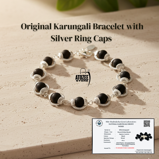 Original Karungali Bracelet with Silver Ring Caps | Lab Certified Black Ebony Wood