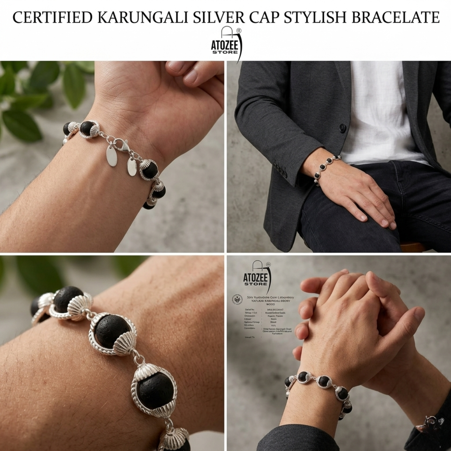 Original Karungali Bracelet with Silver Ring Caps | Lab Certified Black Ebony Wood