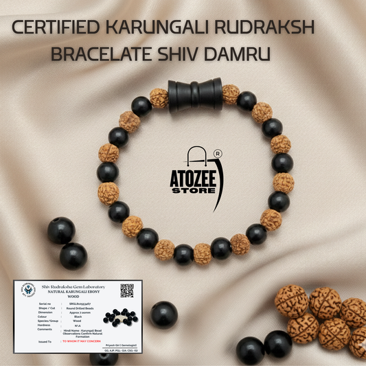 "Karungali Rudraksha Bracelet with Shiv Damru | Adjustable | Lab Certified"
