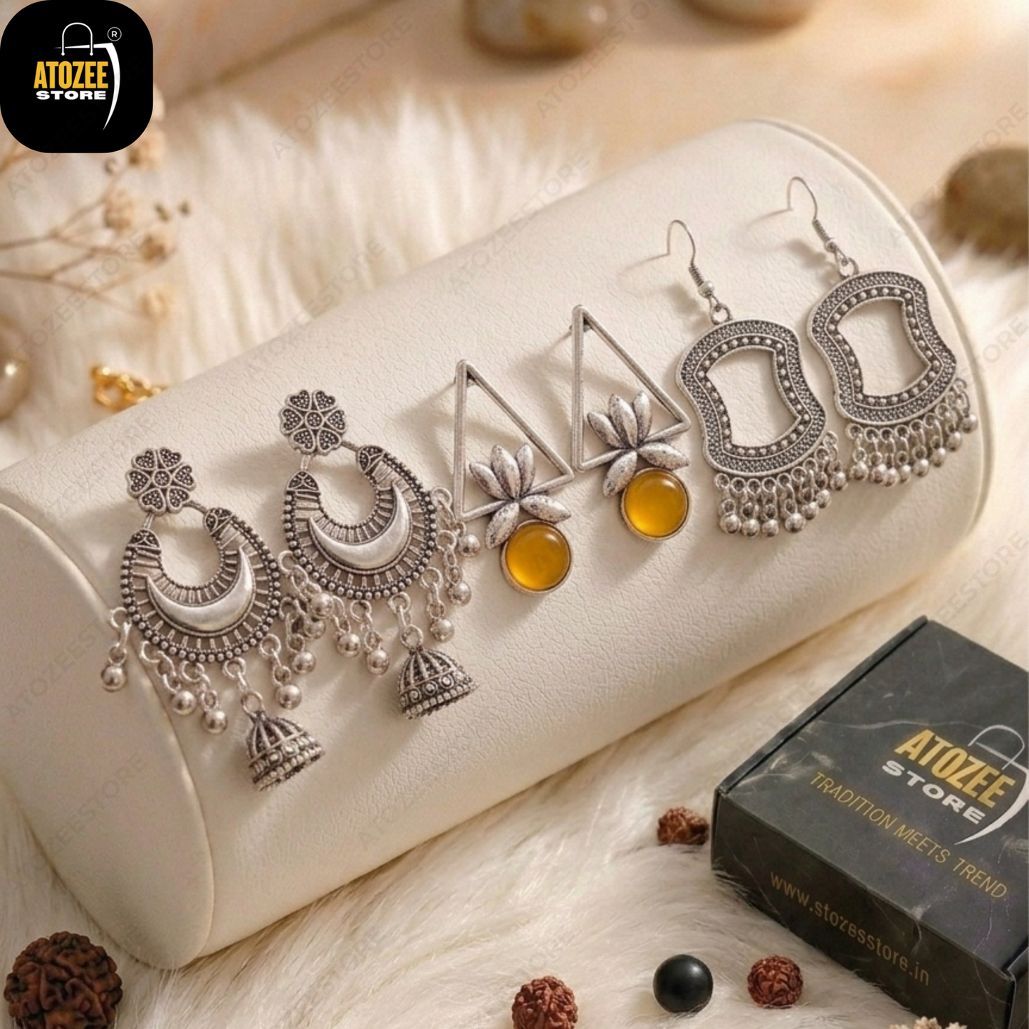 Oxidised Earrings Set of 3 – Chandbali Jhumka, Triangle Lotus & Filigree Drop