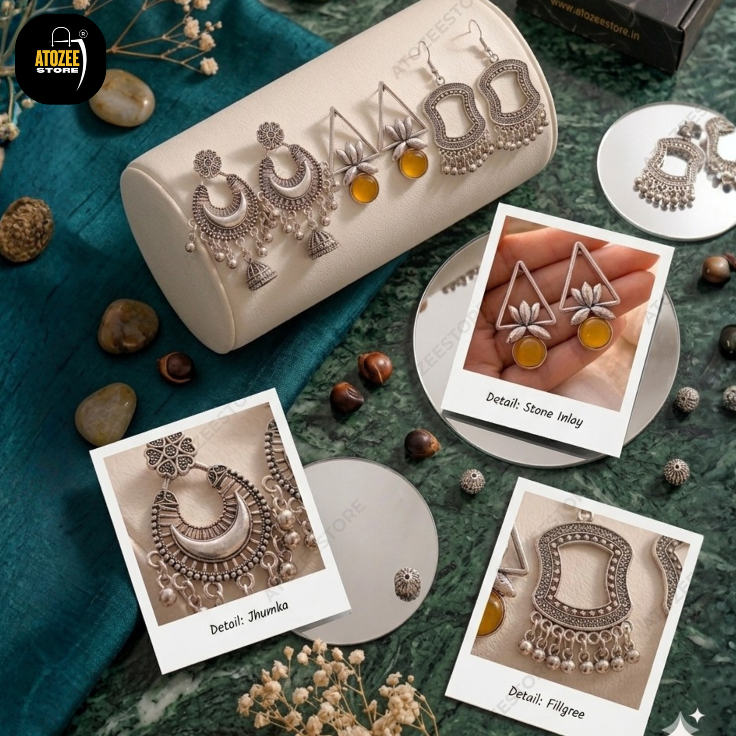 Oxidised Earrings Set of 3 – Chandbali Jhumka, Triangle Lotus & Filigree Drop