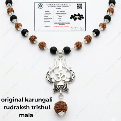 Karungali Rudraksha Mala with Om Shiva Trishul Locket | Original Ebony Wood Beads Shiva Necklace | Spiritual Protection Meditation Prayer Mala for Men & Women