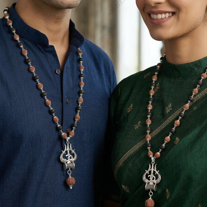 Karungali Rudraksha Mala with Om Shiva Trishul Locket | Original Ebony Wood Beads Shiva Necklace | Spiritual Protection Meditation Prayer Mala for Men & Women