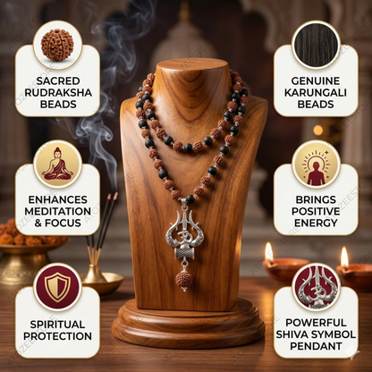 Karungali Rudraksha Mala with Om Shiva Trishul Locket | Original Ebony Wood Beads Shiva Necklace | Spiritual Protection Meditation Prayer Mala for Men & Women