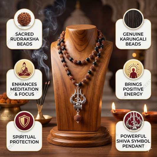 Karungali Rudraksha Mala with Om Shiva Trishul Locket | Original Ebony Wood Beads Shiva Necklace | Spiritual Protection Meditation Prayer Mala for Men & Women