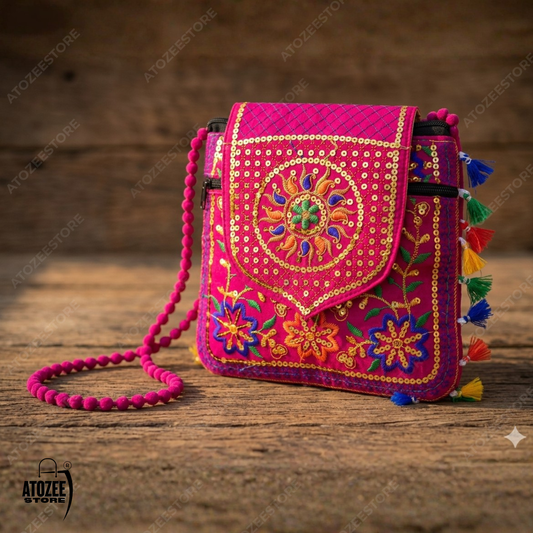 Pink Handicrafts Cotton Embroidered Rajasthani Sling Bag with Mirror Work & Tassels