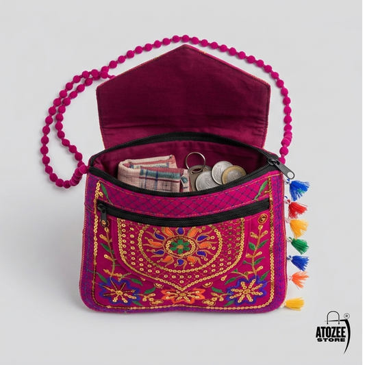 Pink Handicrafts Cotton Embroidered Rajasthani Sling Bag with Mirror Work & Tassels