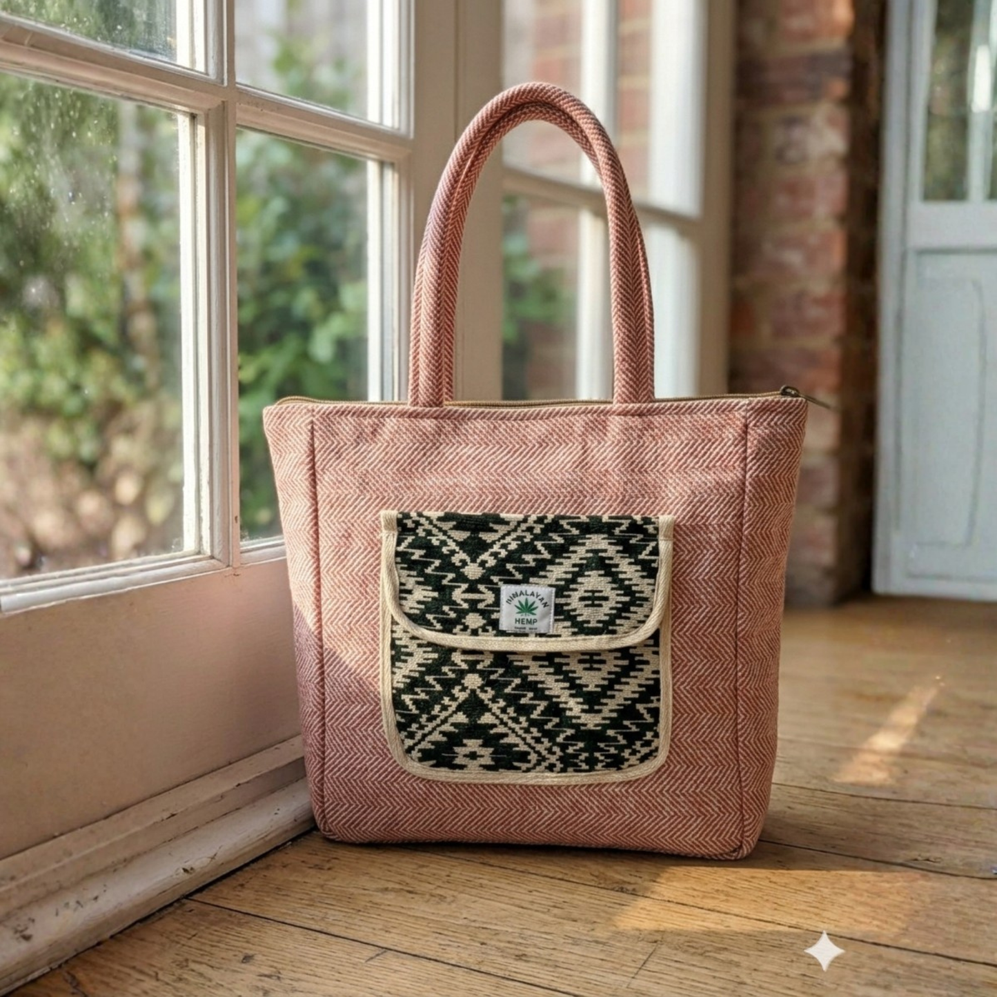 Women's Himalayan Hemp Pastel Pink Tote Bag with Front Pocket – Boho Shoulder Bag