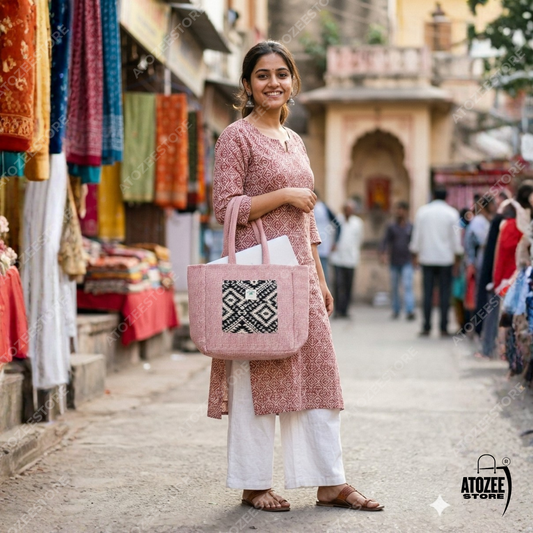 Women's Himalayan Hemp Pastel Pink Tote Bag with Front Pocket – Boho Shoulder Bag