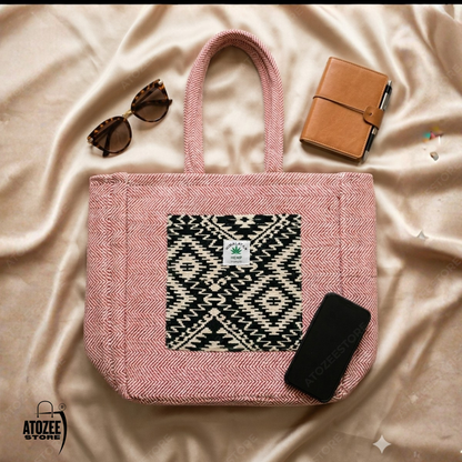 Women's Himalayan Hemp Pastel Pink Tote Bag with Front Pocket – Boho Shoulder Bag