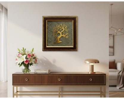 Premium Raw Pyrite Tree Wall Frame – Golden Metal Art with Wooden Border