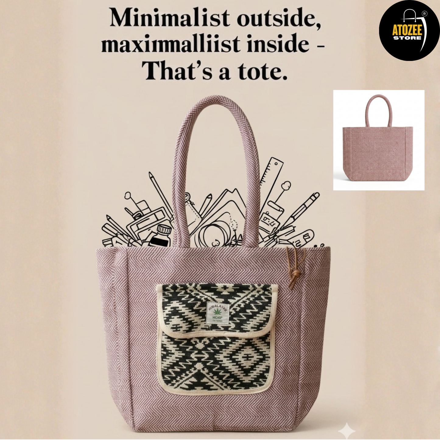 Women's Himalayan Hemp Maroon Red Tote Bag with Front Pocket – Boho Shoulder Bag