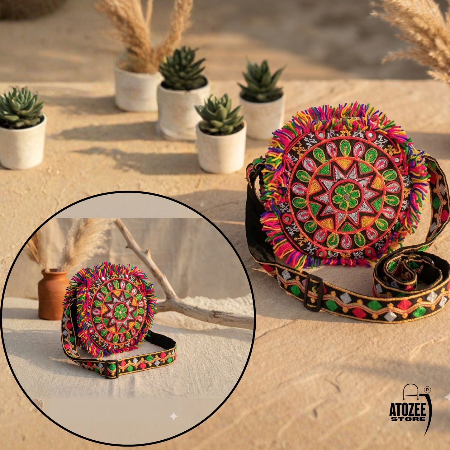 Round Handicrafts Cotton Embroidered Multicolour Rajasthani Sling Navratri Style Bag