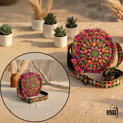 Round Handicrafts Cotton Embroidered Multicolour Rajasthani Sling Navratri Style Bag