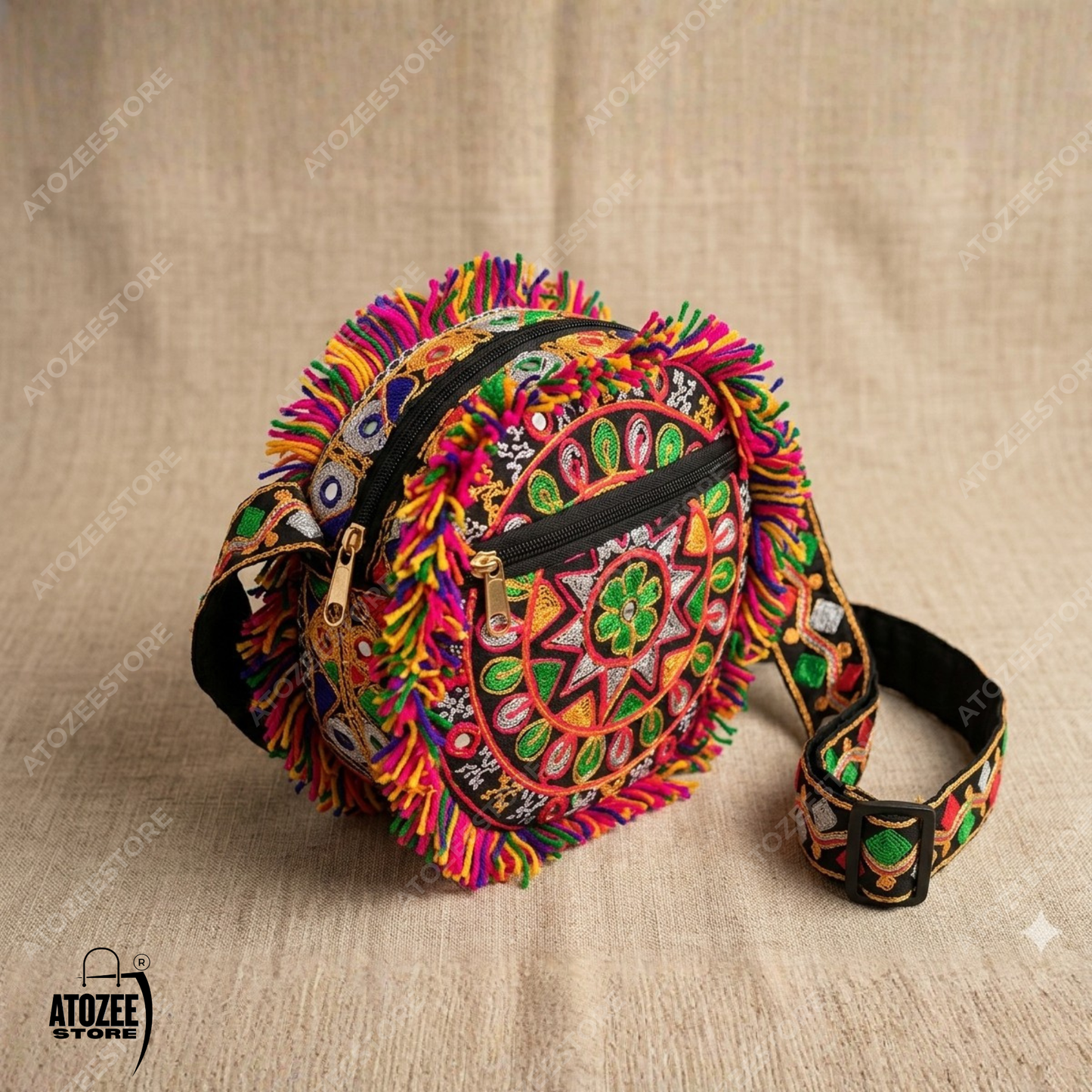 Round Handicrafts Cotton Embroidered Multicolour Rajasthani Sling Navratri Style Bag