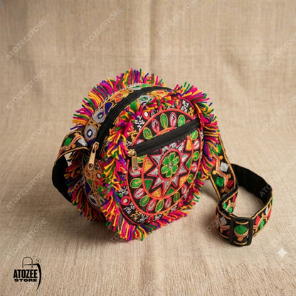 Round Handicrafts Cotton Embroidered Multicolour Rajasthani Sling Navratri Style Bag