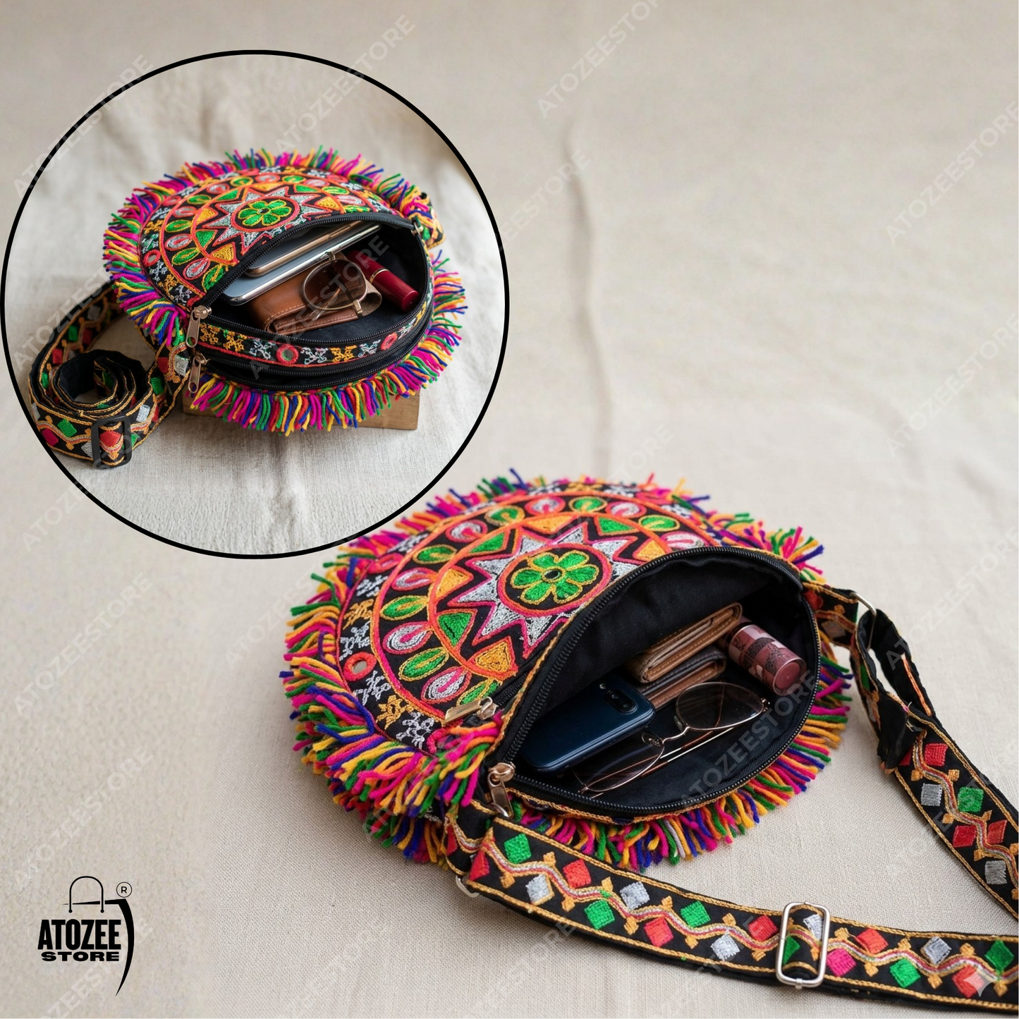 Round Handicrafts Cotton Embroidered Multicolour Rajasthani Sling Navratri Style Bag