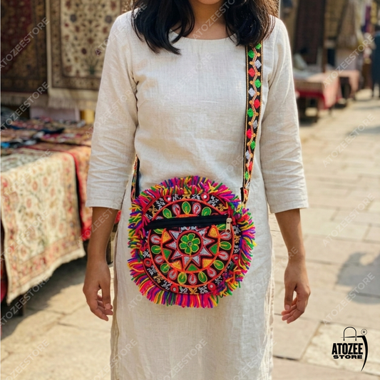 Round Handicrafts Cotton Embroidered Multicolour Rajasthani Sling Navratri Style Bag