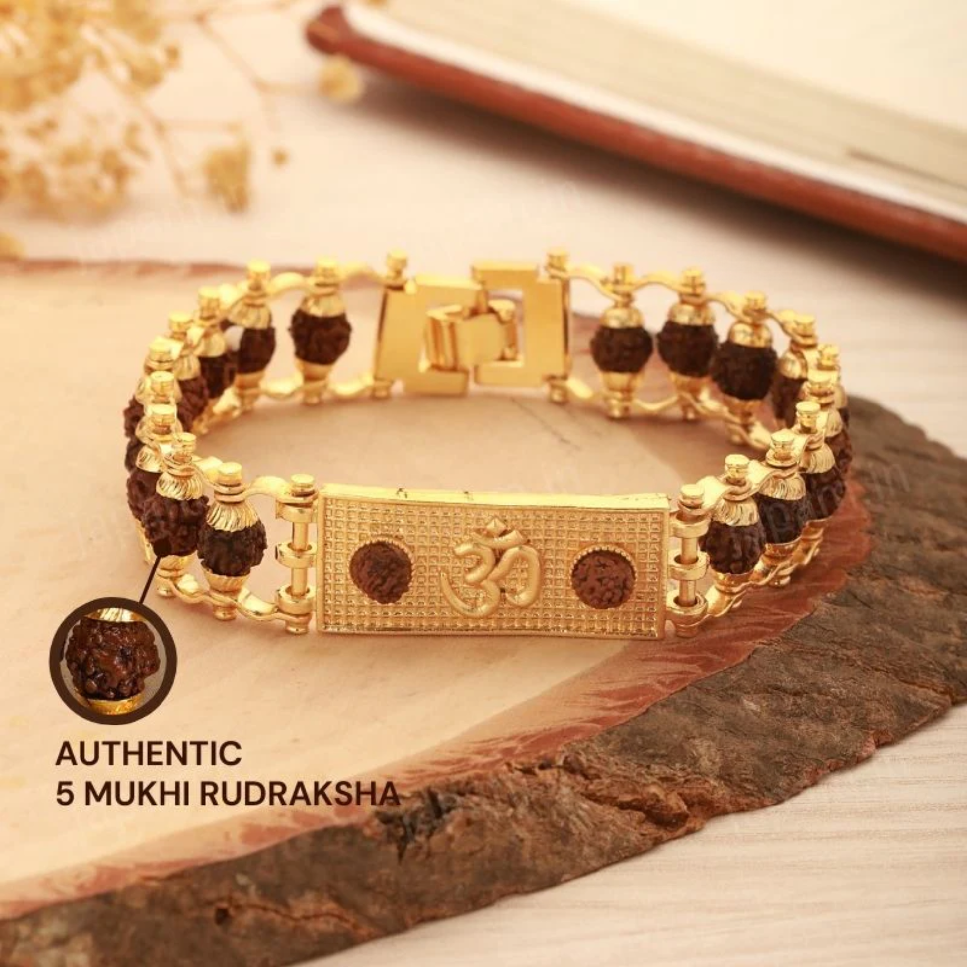 Man wearing authentic 5 Mukhi Rudraksha bracelet with gold-plated Om symbol - Adjustable spiritual healing bracelet for men and women